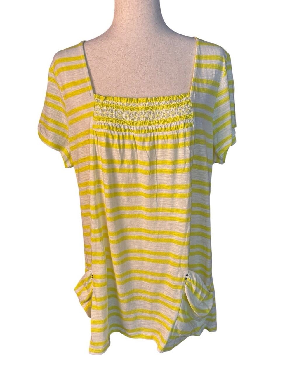 RXb Size XL Eyelet Knit Tunic Top Yellow White Striped Pockets NEW